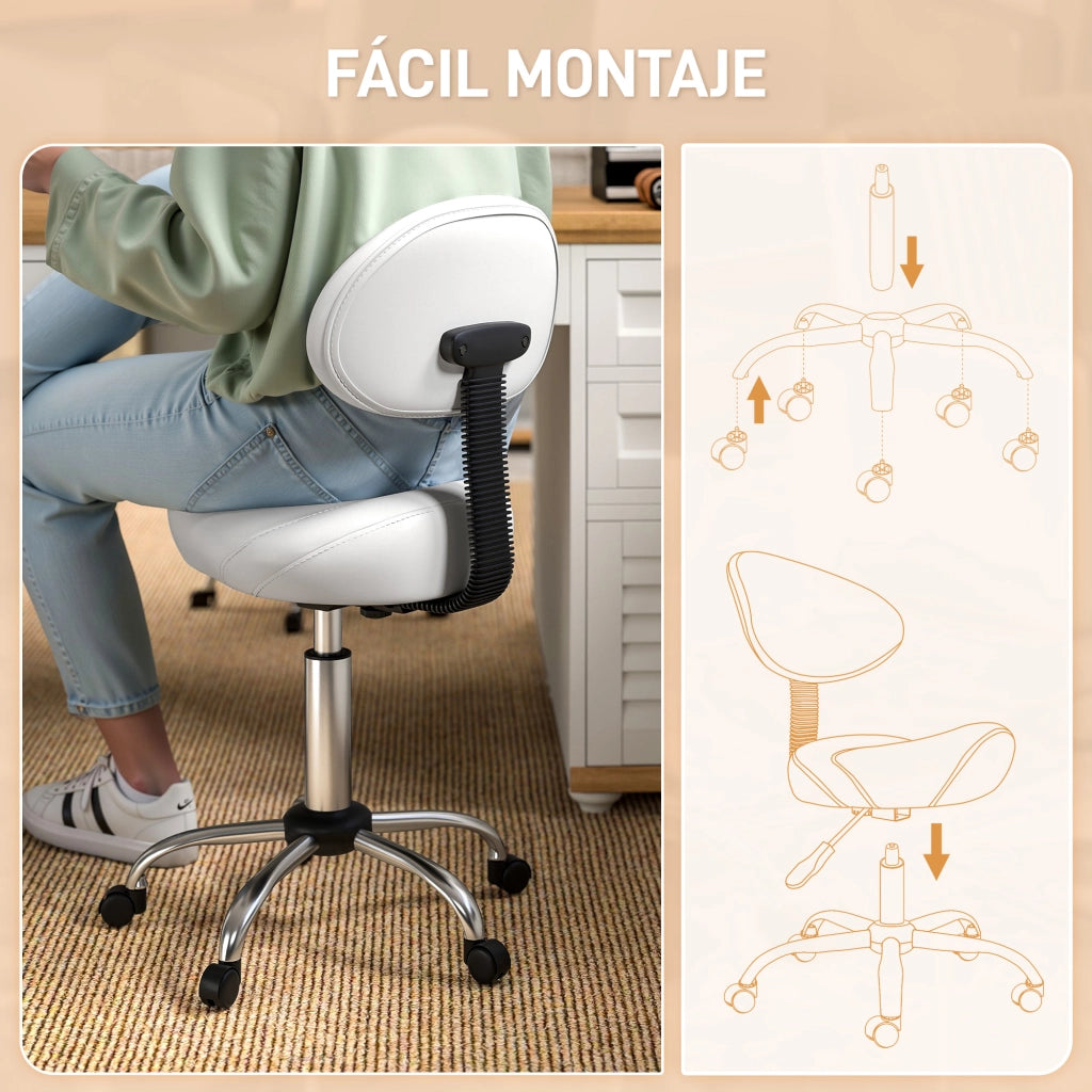 Sgabello Girevole con Schienale e Ruote ¨C zephmum ¨C 50x50x83-98cm Bianco
