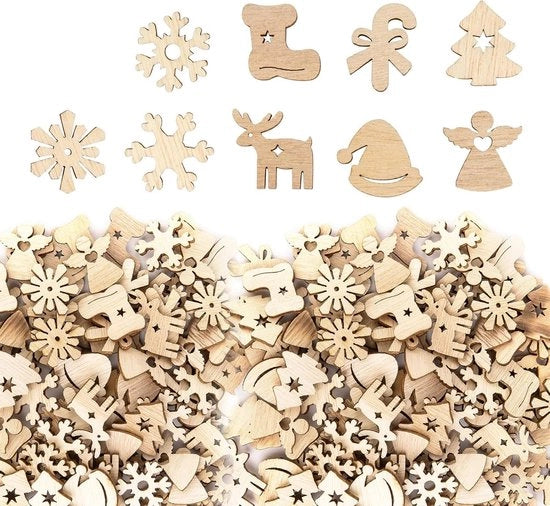 Decorazioni per albero di Natale 100 pezzi - Legno - Fai da te - 9 stili - Decorazioni per albero di Natale - Renditore, angelo, stivali, fiocchi di neve hanger - Stile casuale
