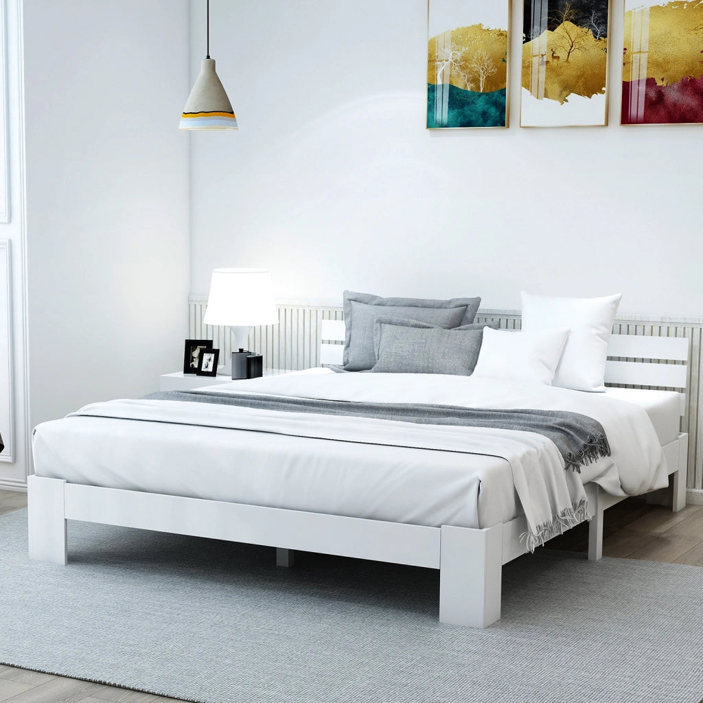 Letto Matrimoniale 140 x 200 cm - Testiera e Rete a Doghe - in Legno Massello - Bianco