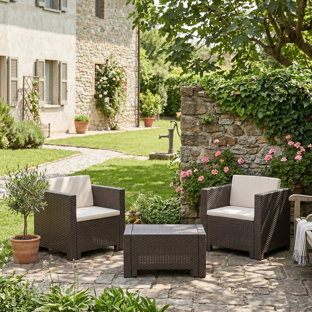 Set salotto da esterno Camini, Salottino outdoor, Set da balcone o giardino, Composizione soggiorno per esterni, Made in Italy, Marrone