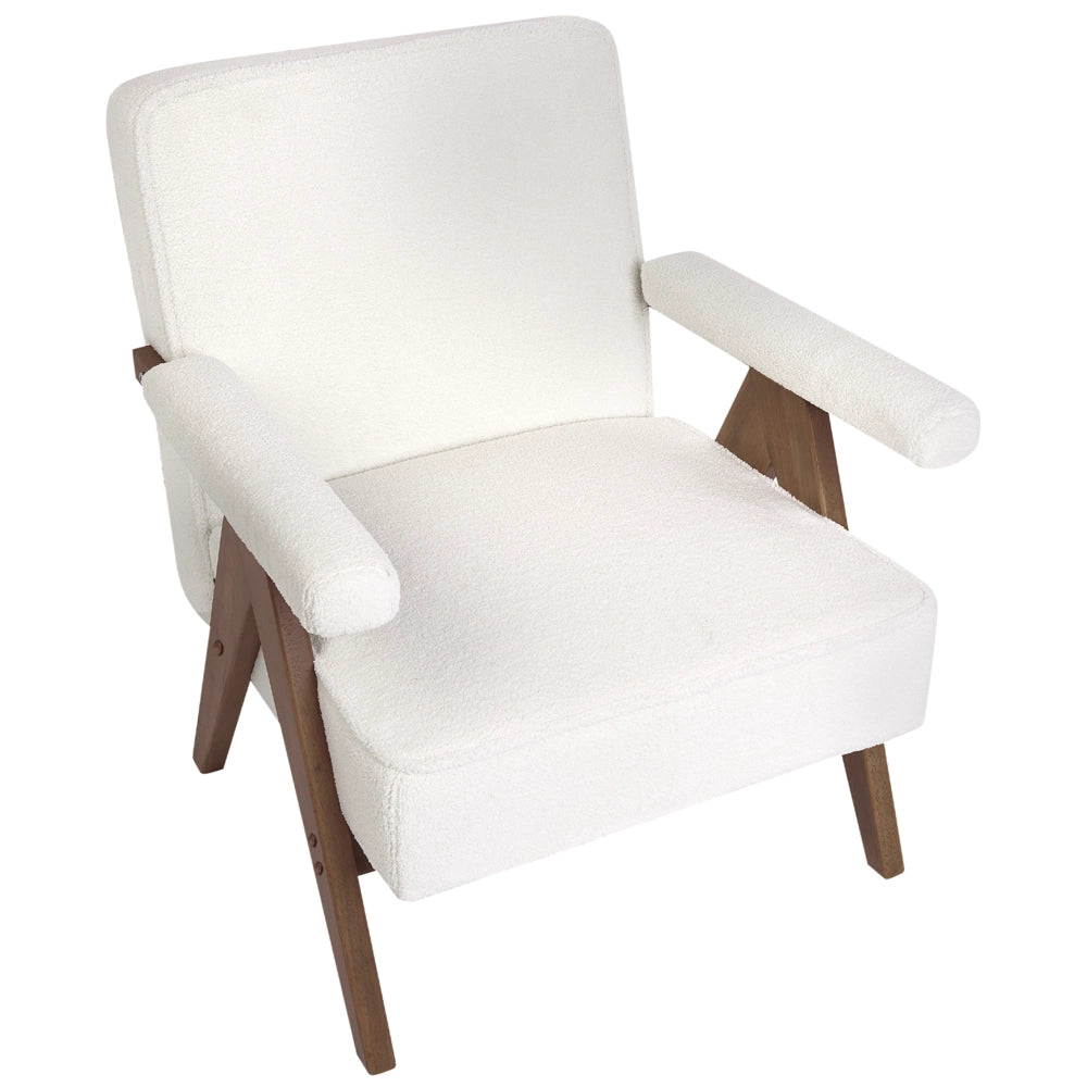 Poltrona Bianco Poliestere Tessuto Boucle Rivestimento Design Retrò Struttura in legno Braccioli Soggiorno