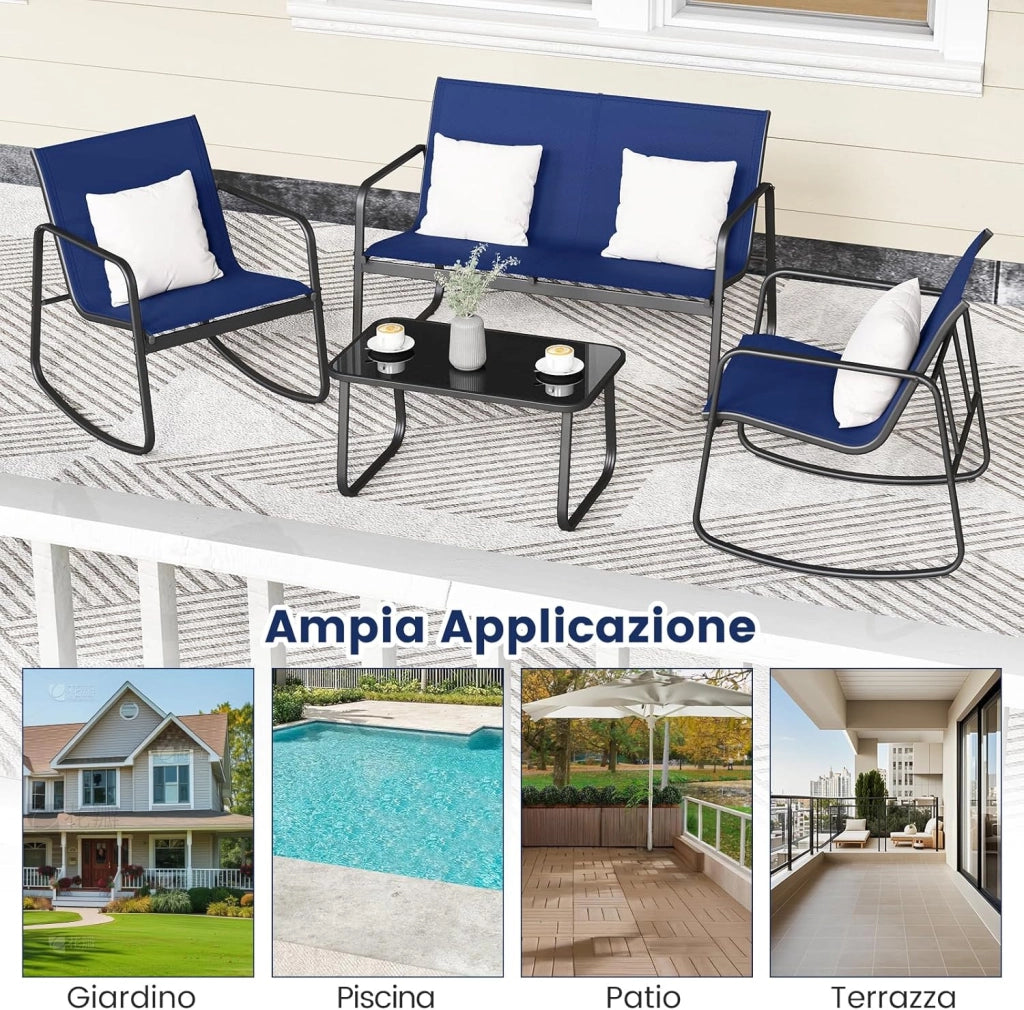 Set da Giardino 4 Pezzi in Tessuto Textilene, Set da Bistrò da Patio, Tavolo e Sedie con Tavolino in Vetro, 2 Sedie e Divanetto a Dondolo, per Giardino Coltile Terrazza (Blu)