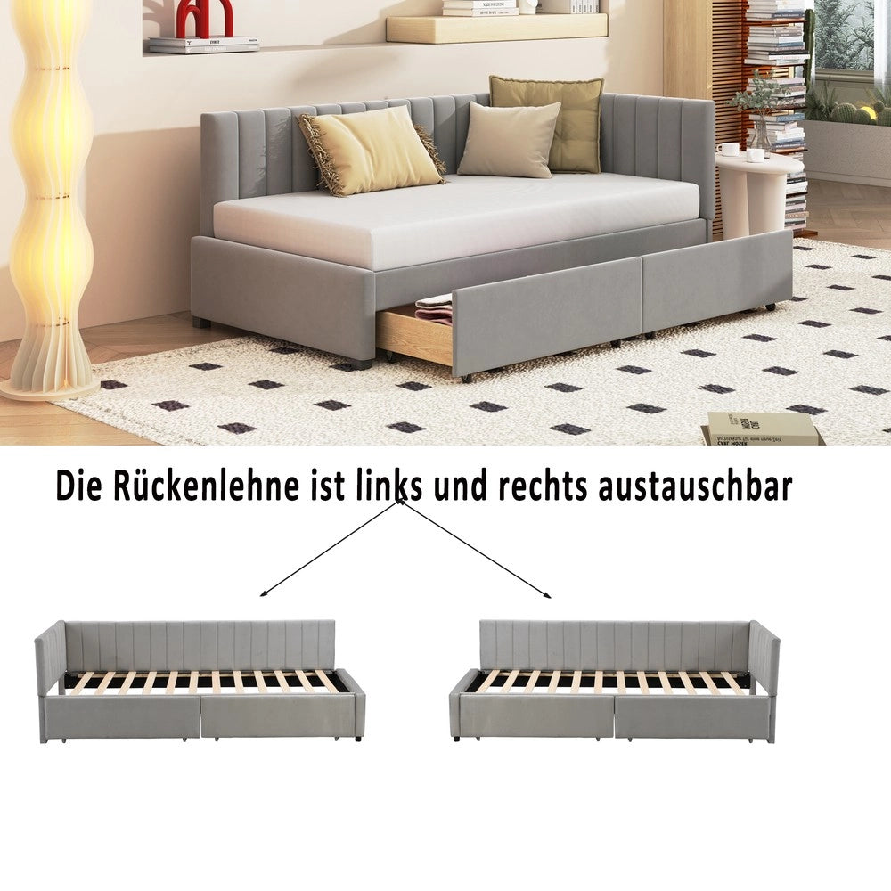 Letto imbottito con cassetti e rete a doghe ¨C Minimal ¨C velluto grigio 90x200 cm