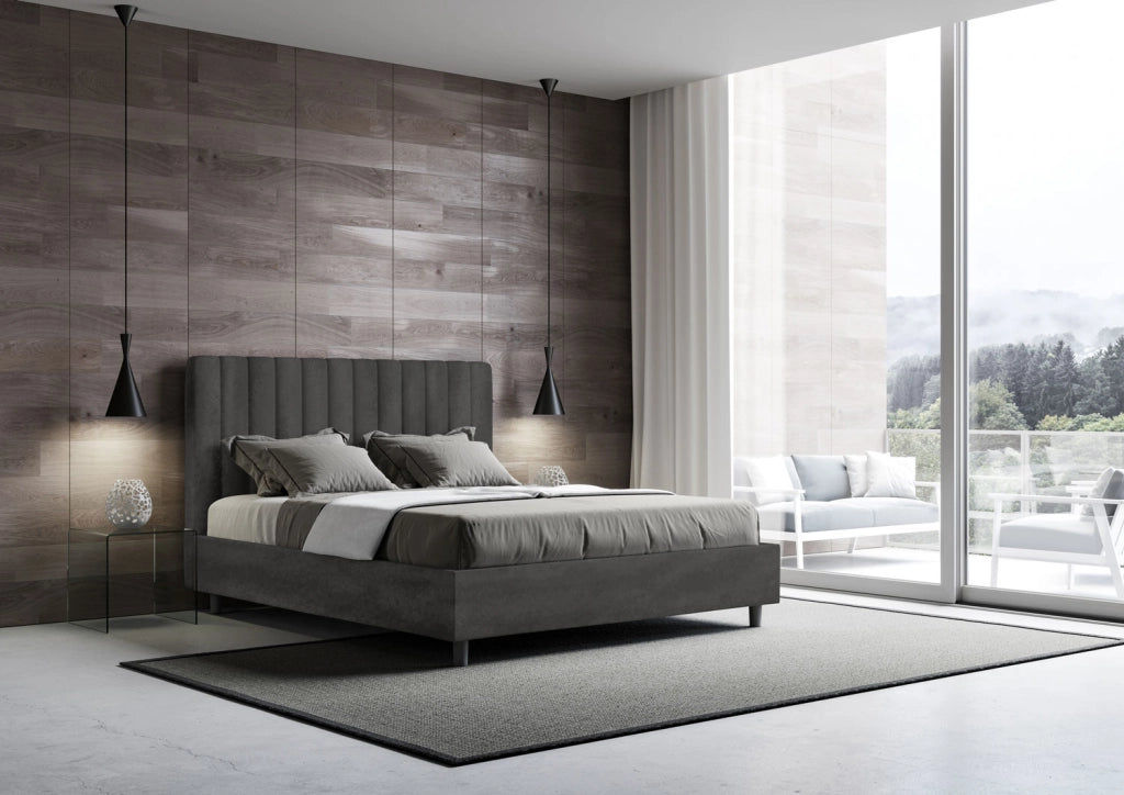 BS COM Letto queen size con rete imbottito 150x190 microfibra grigio