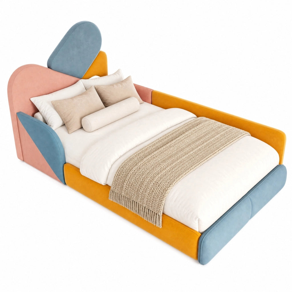 Letto con Sponda 90x200 cm; Letto Singolo - Imbottito; Sponde Alte - Blu Multicolore