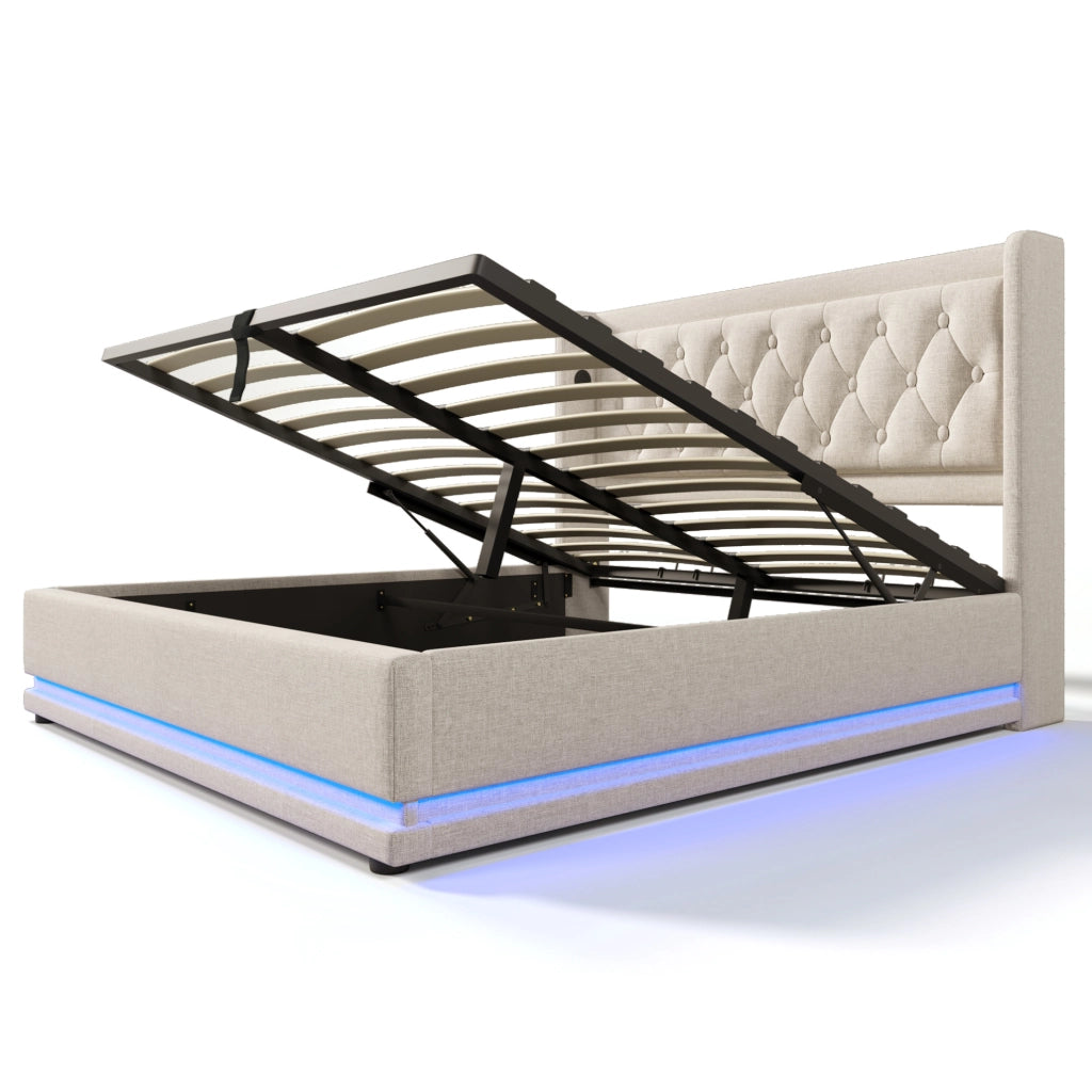 Letto contenitore ULEVR 140x200 cm beige in cotone con LED, USB e Type-C, testiera imbottita