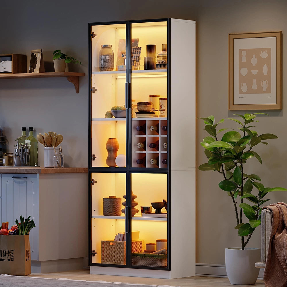 Vetrina 80x35x200 cm con LED - Xylo - ante in vetro, biblioteca, supporto vino, elegante buffet doppia anta