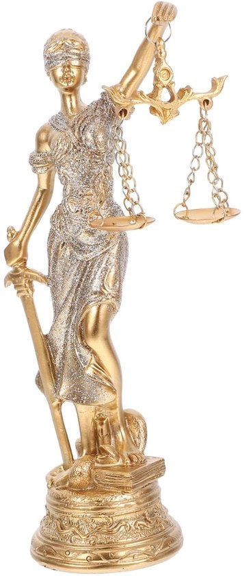 Figura di Giustizia in Bronzo con Aspetto di Dio Greco, Realizzata in Resina con Accenti in Oro, Decorazione per Ufficio e Casa