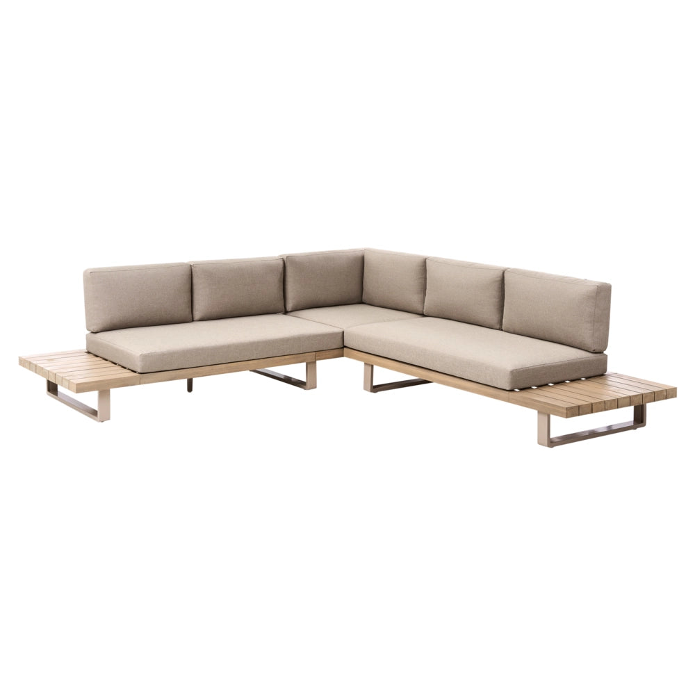 Set di divani angolari da giardino color taupe e marrone chiaro 5 posti a sedere bassi con tavolino da caffè
