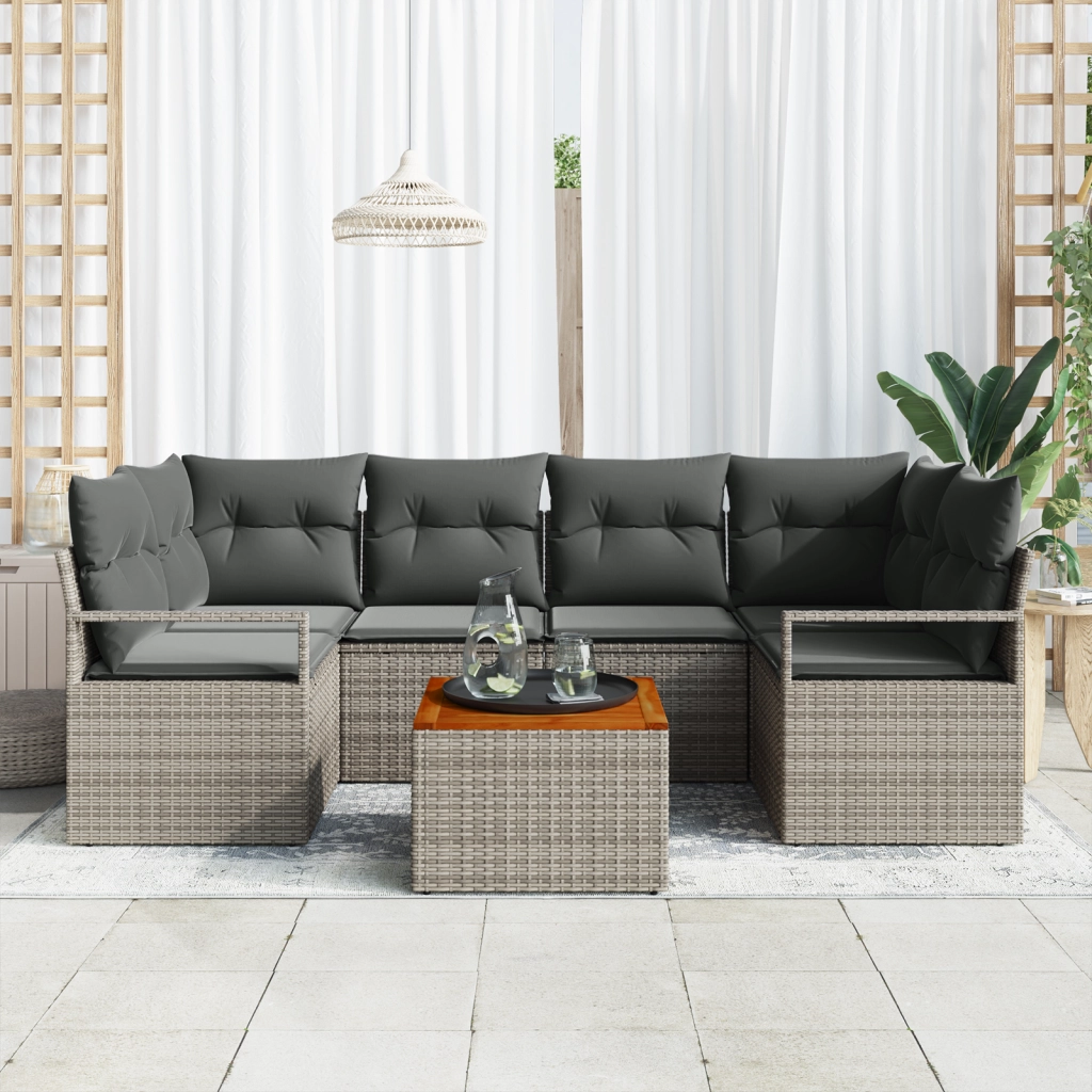 Set di divani giardino 7 pezzi con cuscini grigio polyrattan acacia