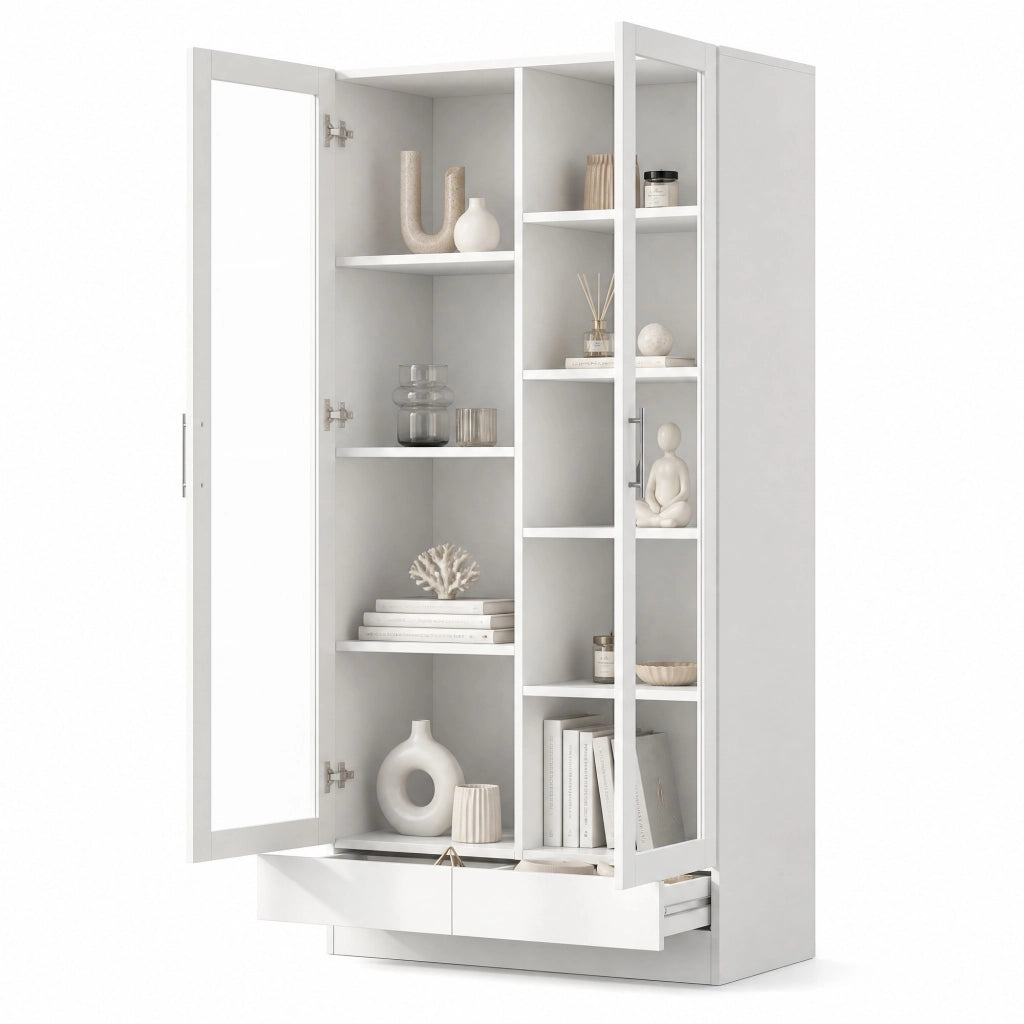 Armadio vetrina bianco con 2 cassetti, ripiani regolabili e vetri temperati, 160x40x80 cm