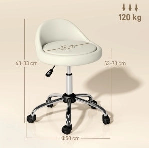 Sgabello girevole regolabile 63-83 cm in similpelle bianca con ruote