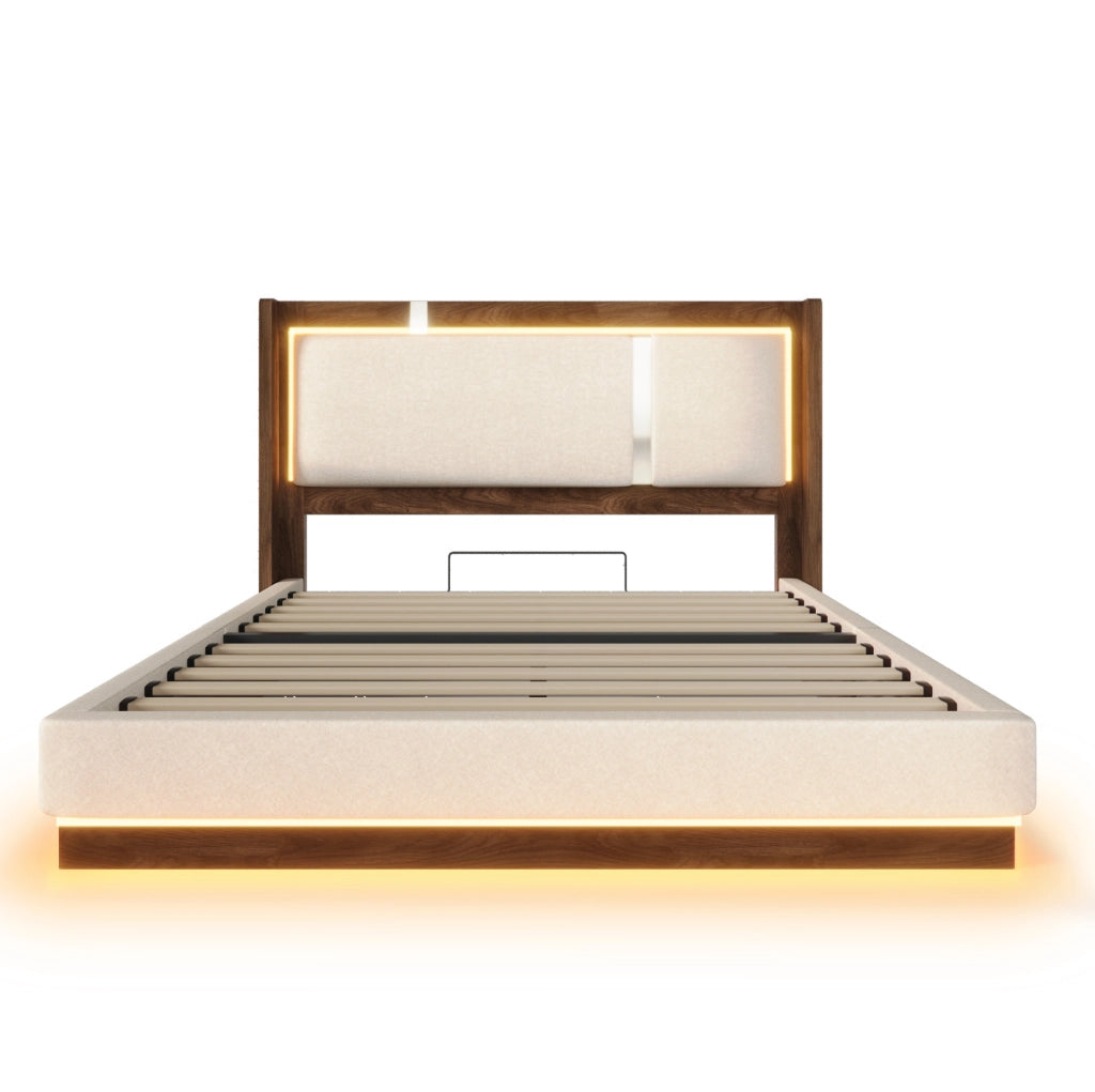 Letto matrimoniale 209x156x110 cm con LED; contenitore idraulico; in lino e legno beige
