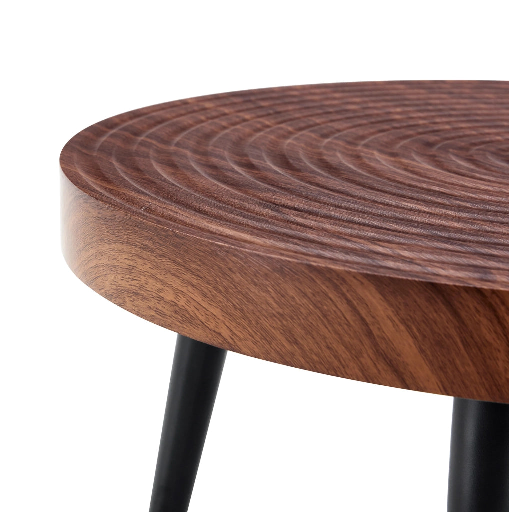 Tavolino rotondo 73.99x73.61x22.5 cm con piano spesso 5 cm; gambe in metallo; noce