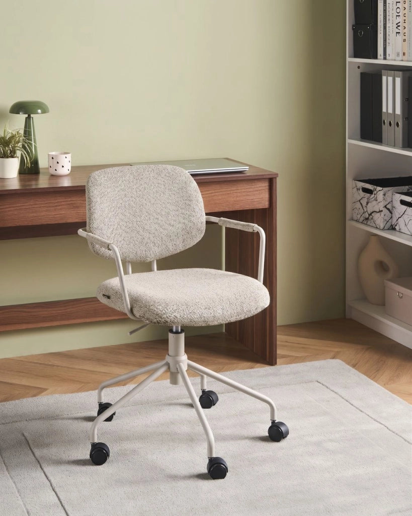 Sedia da ufficio con rivestimento in poliestere beige, regolazione in altezza e base girevole, per l'ufficio domestico