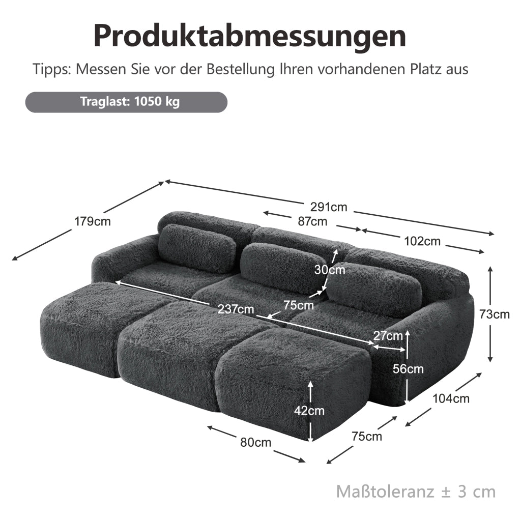 Divano modulare 3 posti Boneless Cloud in tessuto vellutato grigio con 3 pouf