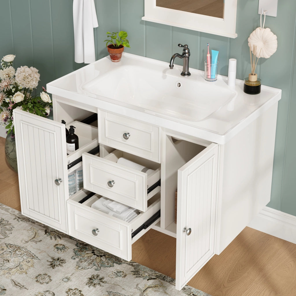 Mobile bagno sospeso con cassetti e lavabo in ceramica per bagno; 78.5×46×46.8 cm