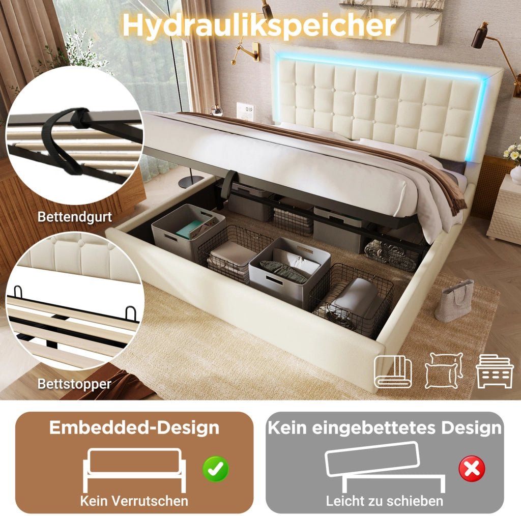 Letto matrimoniale 180x200 cm con LED e vano contenitore bianco