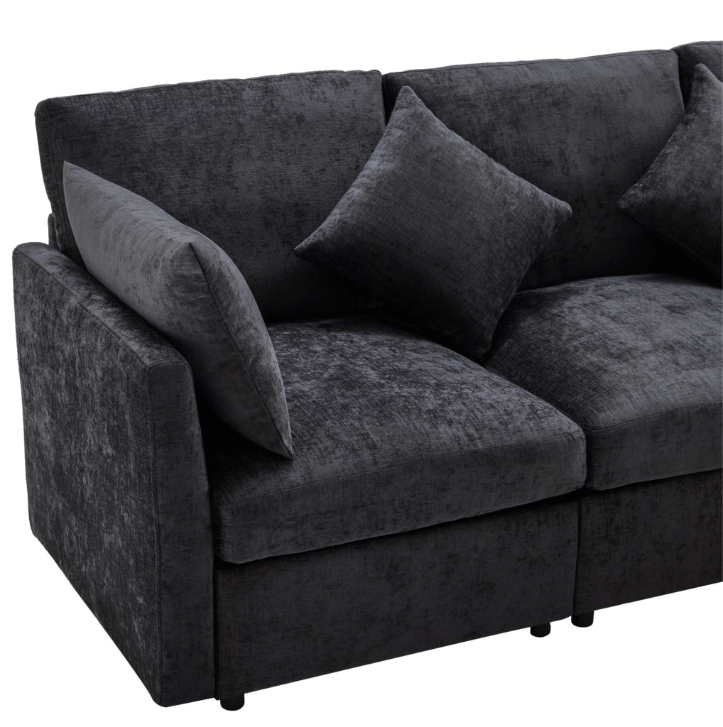Divano modulare angolare a L con pouf mobile e 4 cuscini in ciniglia, grigio