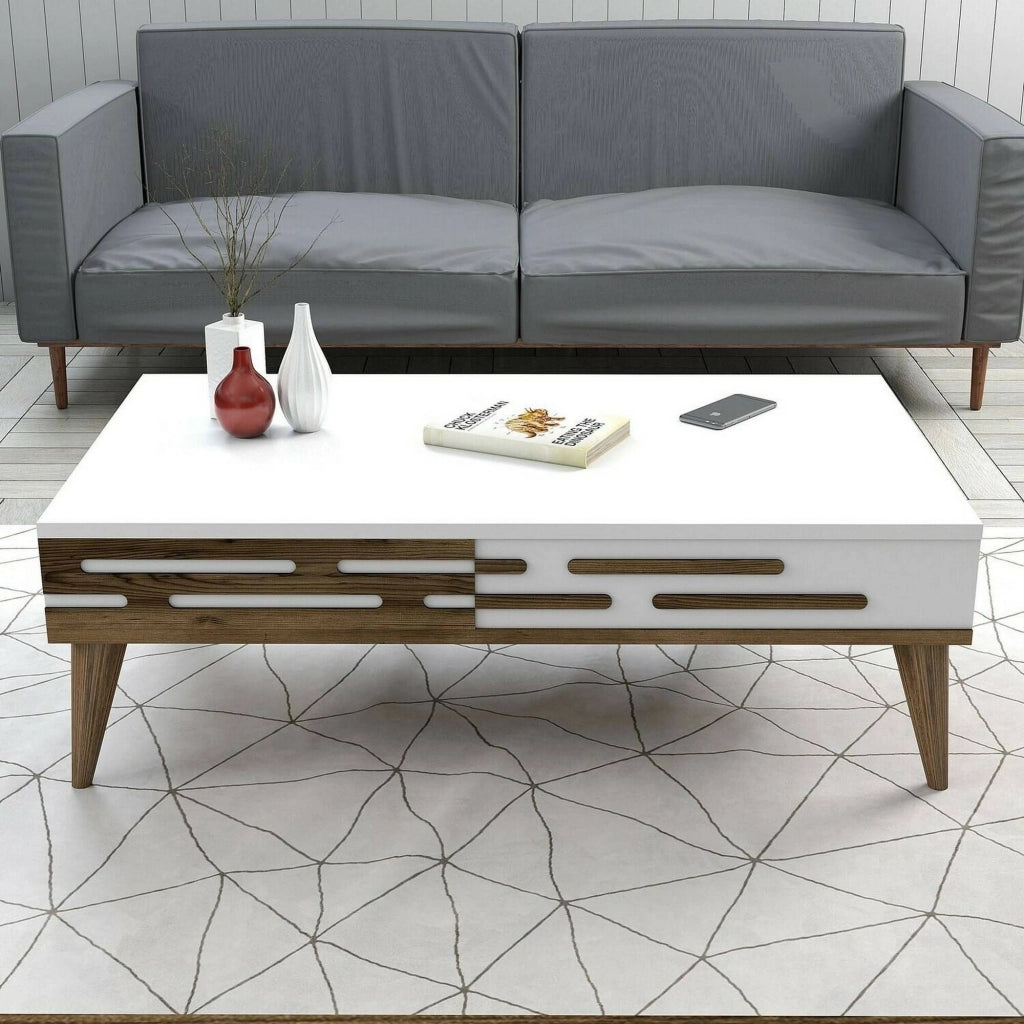 Tavolino da salotto Mansuk, Tavolo basso da caffè, Portariviste per divano, Ripiano da soggiorno, 105x35h60 cm, Noce e Bianco