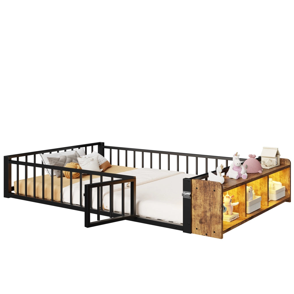 Letto in metallo con cassetti LED 140x200 MDF nero e metallo