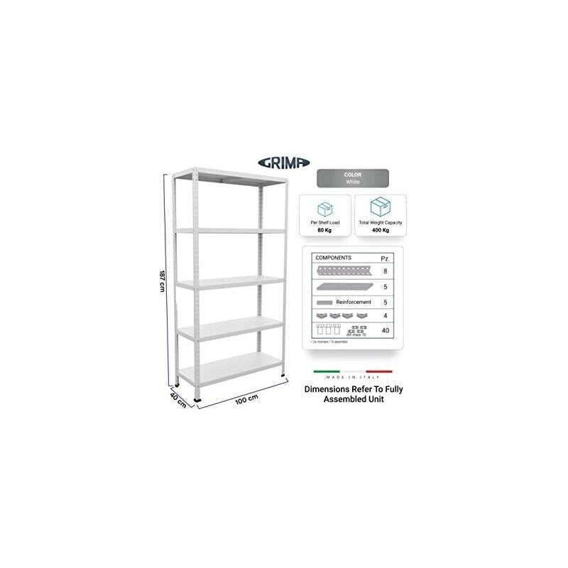 SCAFFALE IN METALLO BIANCO KIT BULLONI 100 X 40 X H 187 CM CON 5 RIPIANI