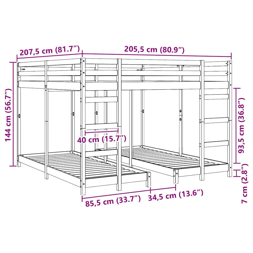 Struttura letto a castello triplo Naturale 80 / 200 x 200 cm