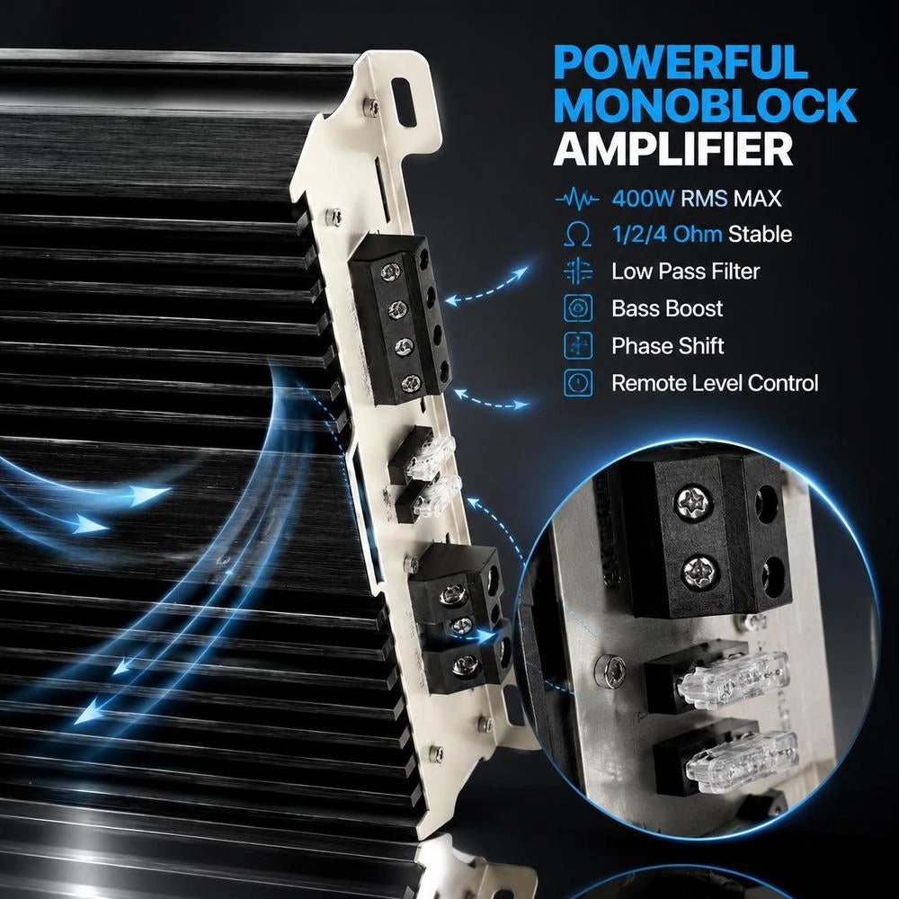 Monoblock Car Amplifier, 400W RMS MAX, 1/2/4 Ohm Stable, 1-Channel Class D Car Audio Amplifier With Remote Subwoofer Level Control, Low Pass Filter, Bass Boost & Phase Shift, Volume Controller