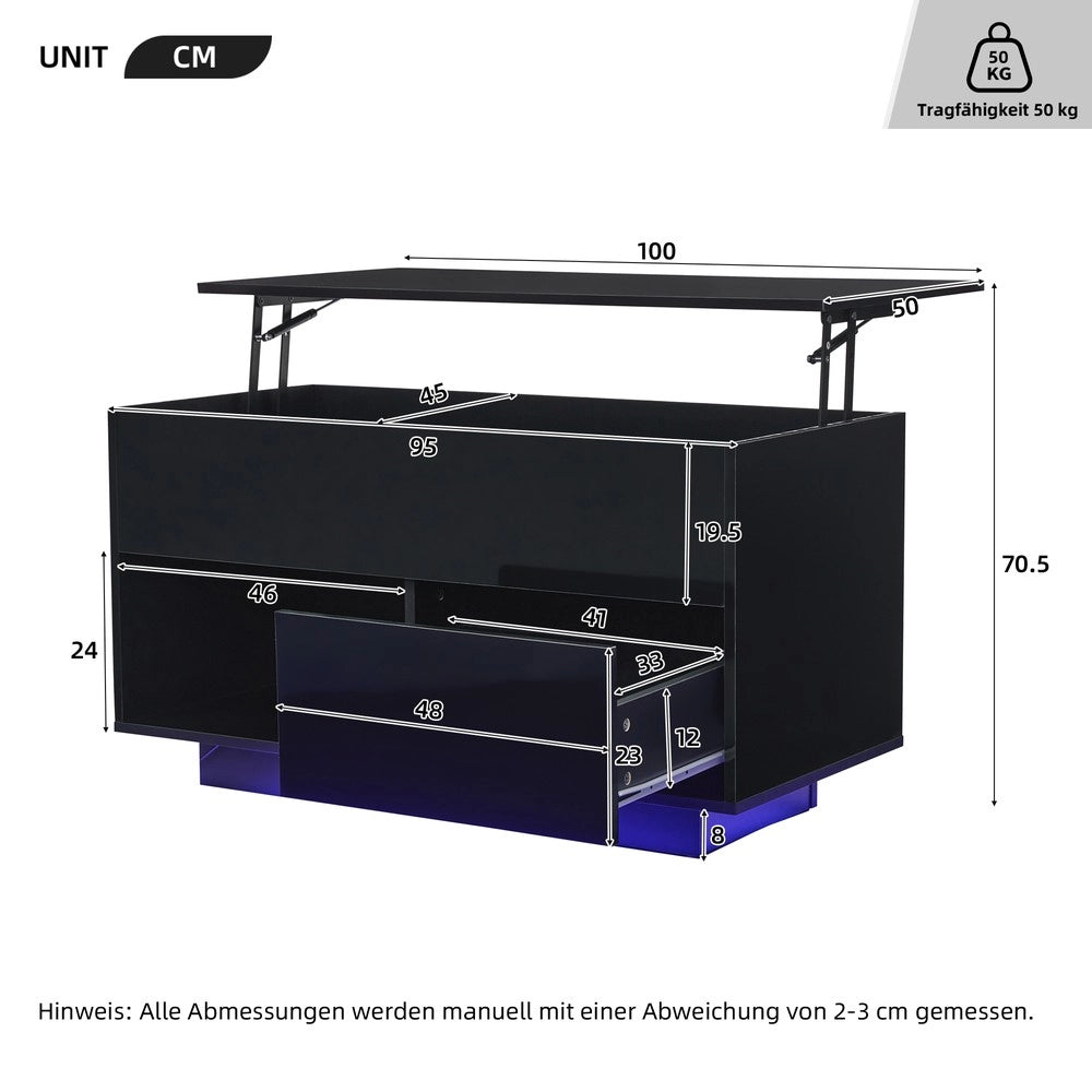 Tavolino da Caff¨¨ con LED e Piano Sollevabile ¨C MINIMAL ¨C Nero, 100x50x55 cm