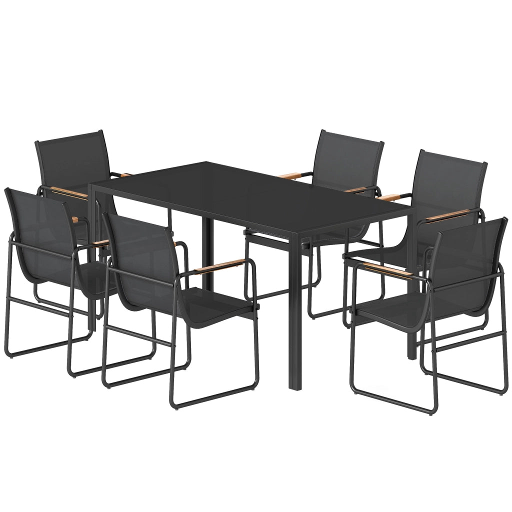 Set da Esterno in Acciaio con Tavolo in Vetro e Sedie in Textilene ¨C zephmum ¨C Nero, 7 Pezzi