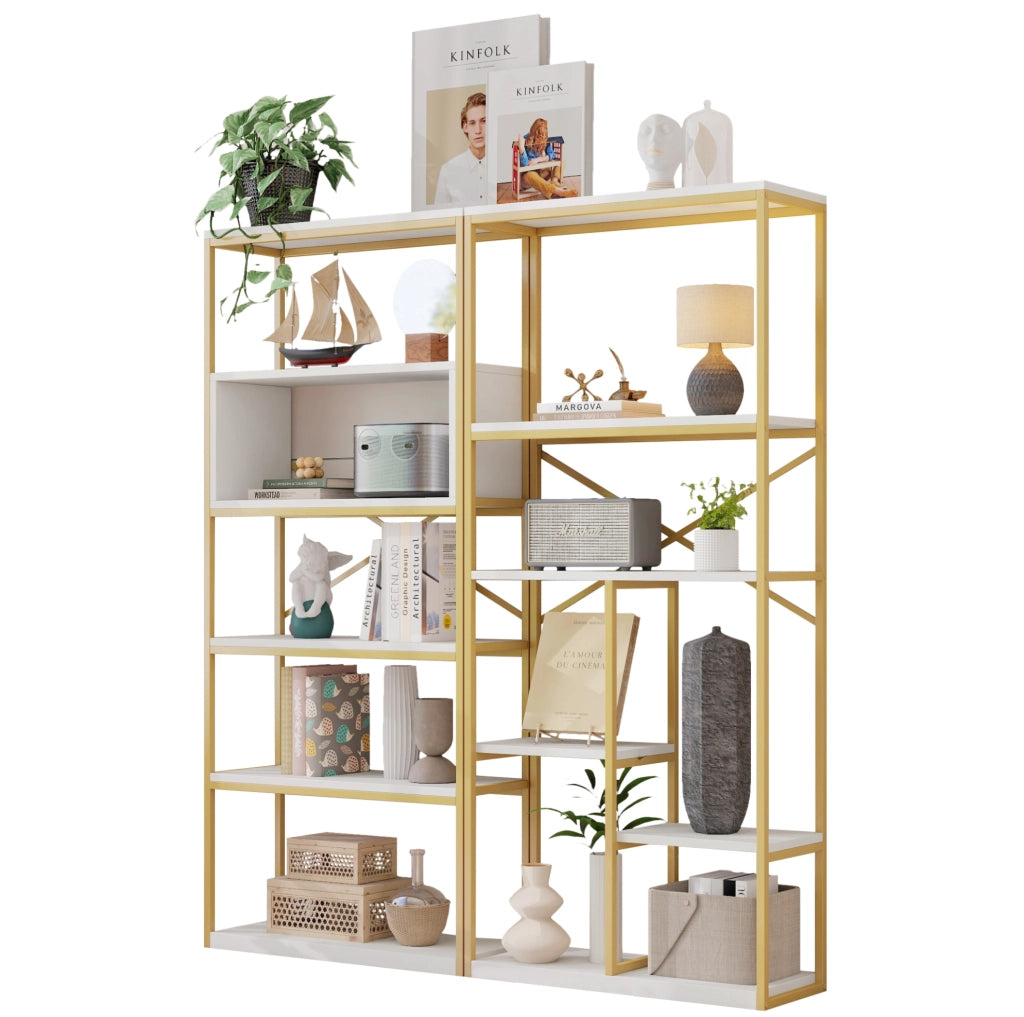 Libreria a ripiani aperti 160x29;5x180 cm in MDF e metallo; bianco e oro