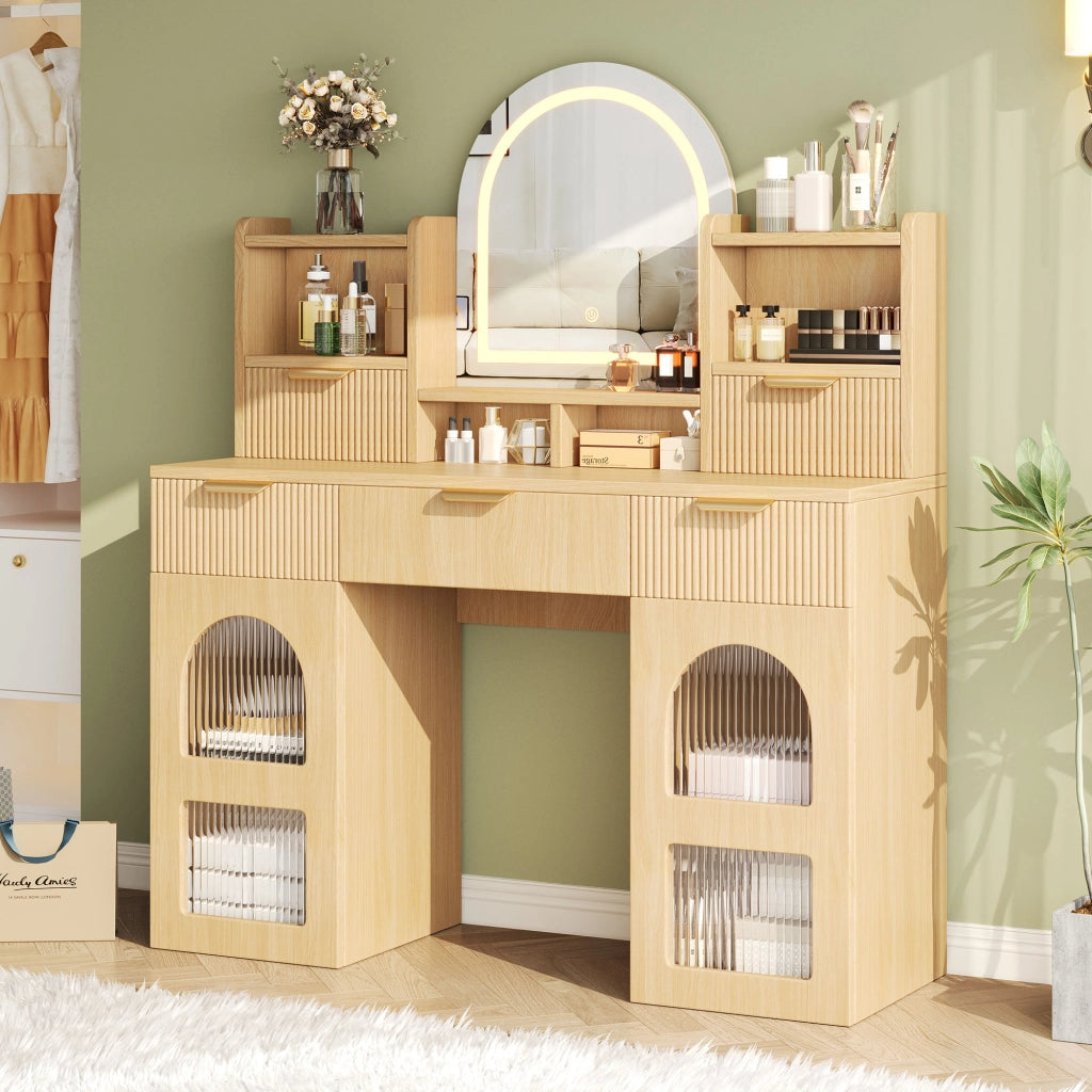 Toeletta, specchio con illuminazione a LED, 3 cassetti, 2 ante in vetro, ripiano, colore legno naturale