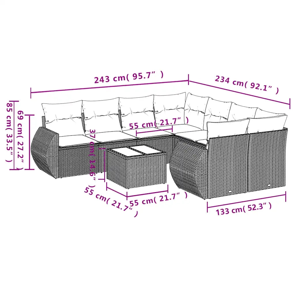 Set Divani da Giardino 9 pz con Cuscini Nero in Polyrattan 3221156