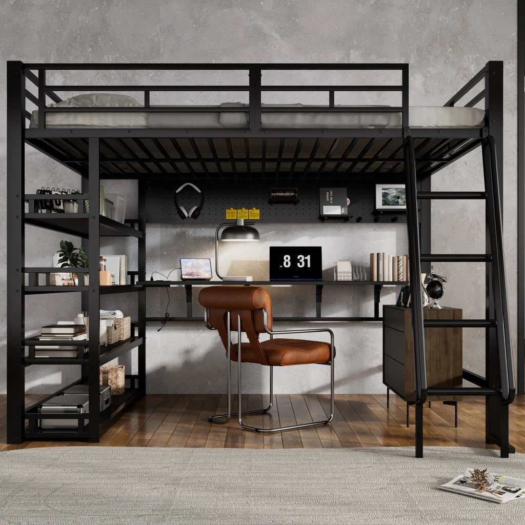 OKWISH Letto a soppalco 140×200 cm, Letto Matrimoniale con Mensole, Porta di Ricarica e Scala Inclinata, senza Materasso, Nero