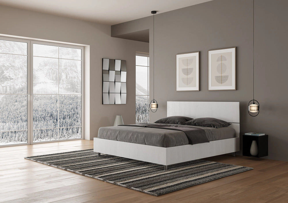 Letto Matrimoniale 160x190 cm con Rete e Contenitore Testata Dritta Demas Frassino Bianco