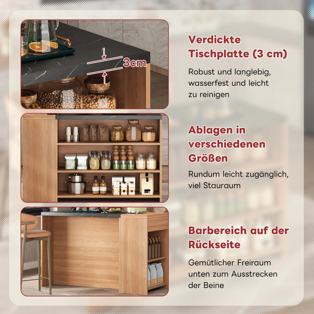 ISOLA CUCINA con vano bar 140x60x90 cm MDF nero effetto marmo e rovere