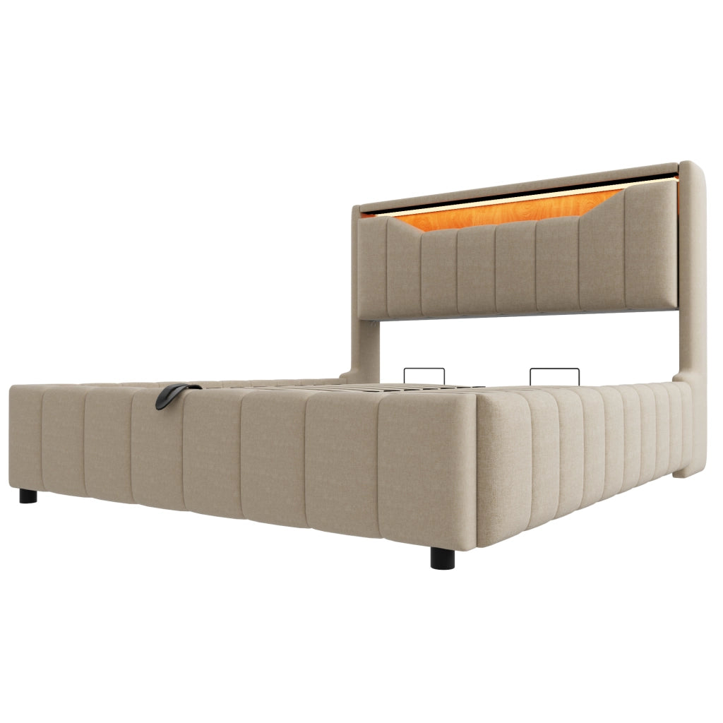 Letto matrimoniale 140x200 cm con contenitore idraulico; LED; USB e USB-C beige