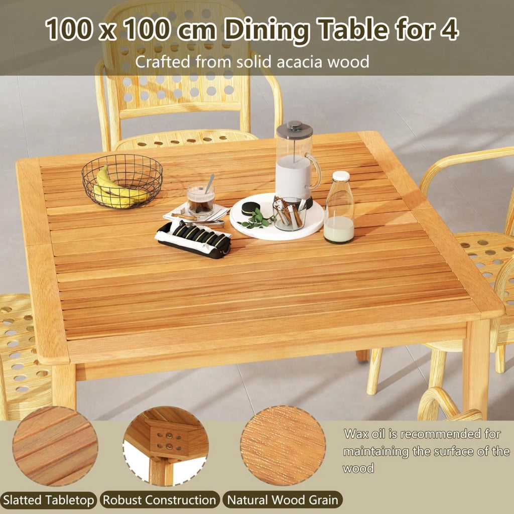 Tavolo in legno per esterni, 100/170/200 cm, tavolo da giardino in legno di acacia con foro di 5 cm, per cortile, veranda e giardino, resistente alle intemperie (100 x 100 cm)