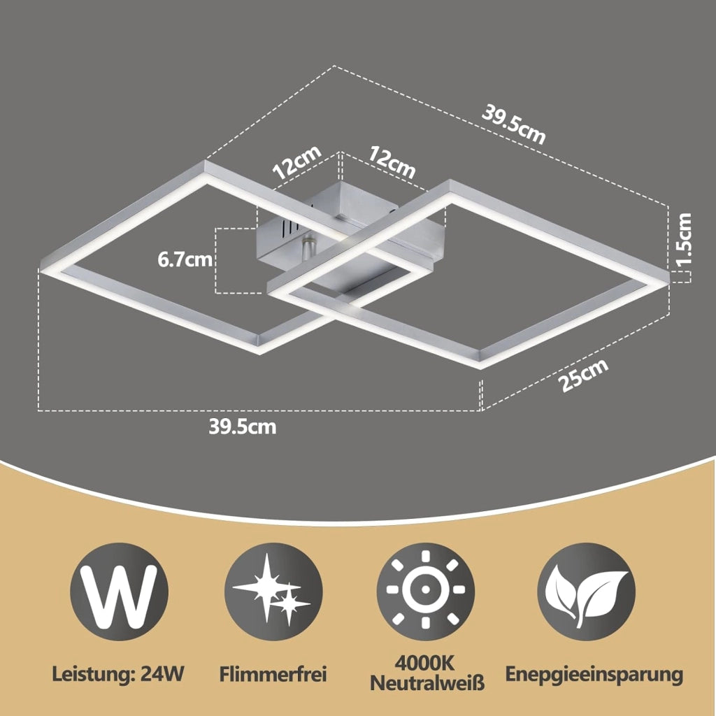 ZMH Plafoniera LED argento 24W 4000K moderna plafoniera quadrata per soggiorno camera da letto corridoio o ufficio