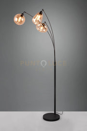 LUMINA PIANTANA METALLO NERO AD ARCO CON 3 DIFFUSORI FORME DIFFERENTI IN VETRO AMBRA H. 200CM ATTACCO E14