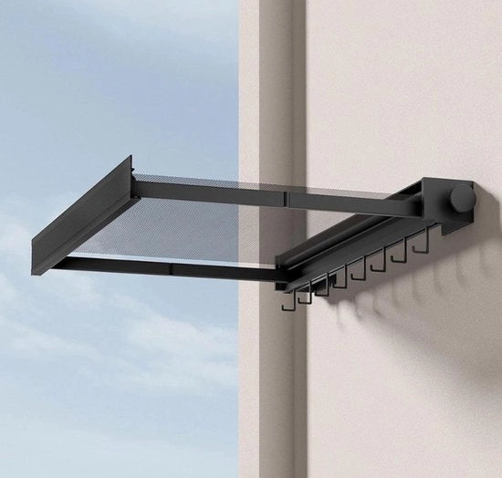 Wanddroogrek retrattile in nero 68 x 435 x 8 cm - adatto per balcone e bagno - 8 ganci