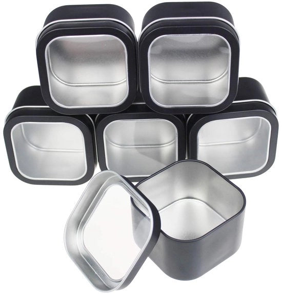 Set di 6 Scatole Metalliche Quadratiche - Coperture trasparenti - Ideali per il ripostaggio - Capacità 226 ml - Sostenibili
