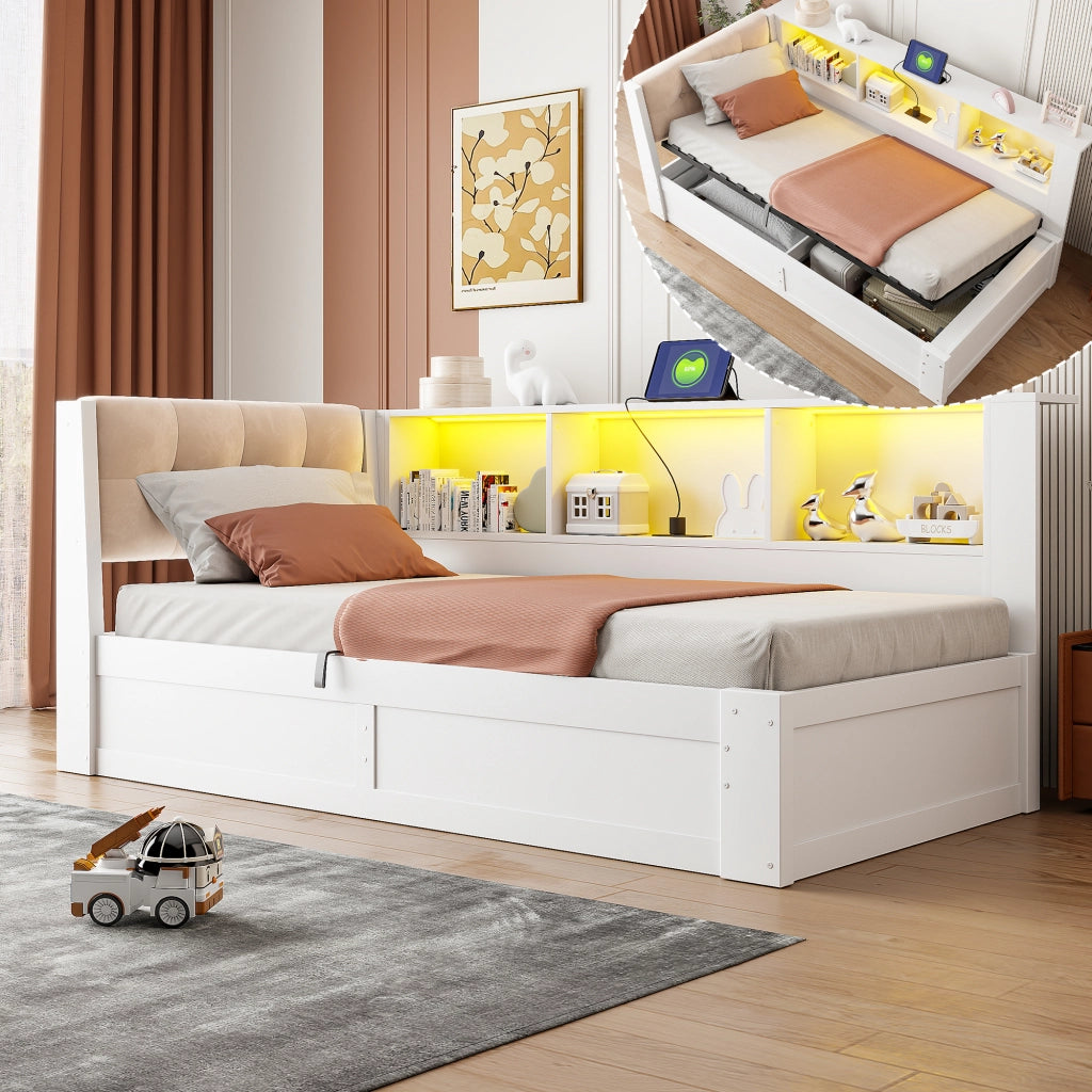 Daybed con contenitore idraulico, LED e USB, 90x200 cm, pino bianco