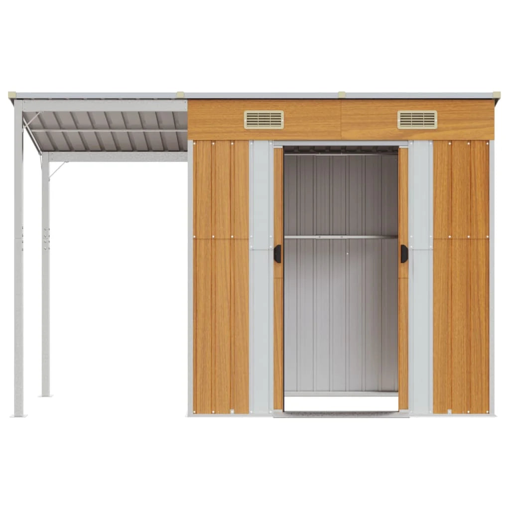 Casetta da giardino cabina ripostiglio casetta da esterno robusta casetta per attrezzi con tetto estensibile trasparente 277 x 110,5 x 181 cm marrone 02_0022220