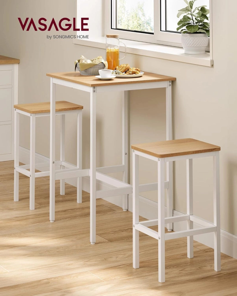 VASAGLE Tavolo da Bar con Sgabelli, Tavolo Cucina 60 x 60 x 90 cm, Sgabello di 30 x 40 x 65 cm, Sala da Pranzo, Rovere Dorato e Bianco Nuvola LBT017W09