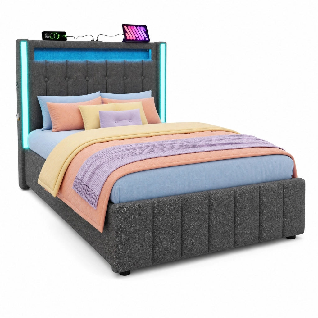 Letto singolo 90x200 cm grigio in lino, LED USB e 2 cassetti, senza materasso