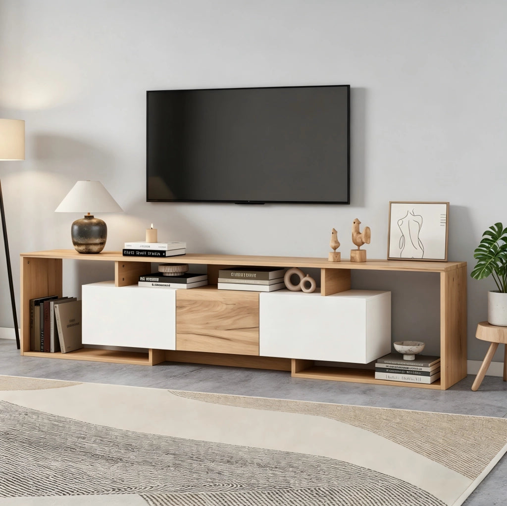 Mobile TV 180x30x49 cm con 6 vani e portata 45 kg in truciolare bianco e naturale