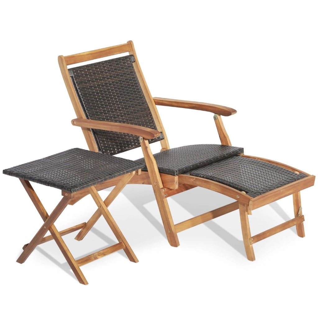 Set di tavolo e sedia pieghevoli da esterno con ottomana braccioli retrattili, Mobili in rattan di legno acacia-Set mobili da esterno