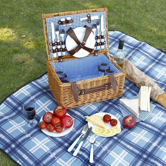 Cesta da picnic in rattan per 4 persone con posate, piatti e calici per vino - Incl. Copertura impermeabile e imbottita da picnic in rattan - Cesta da picnic