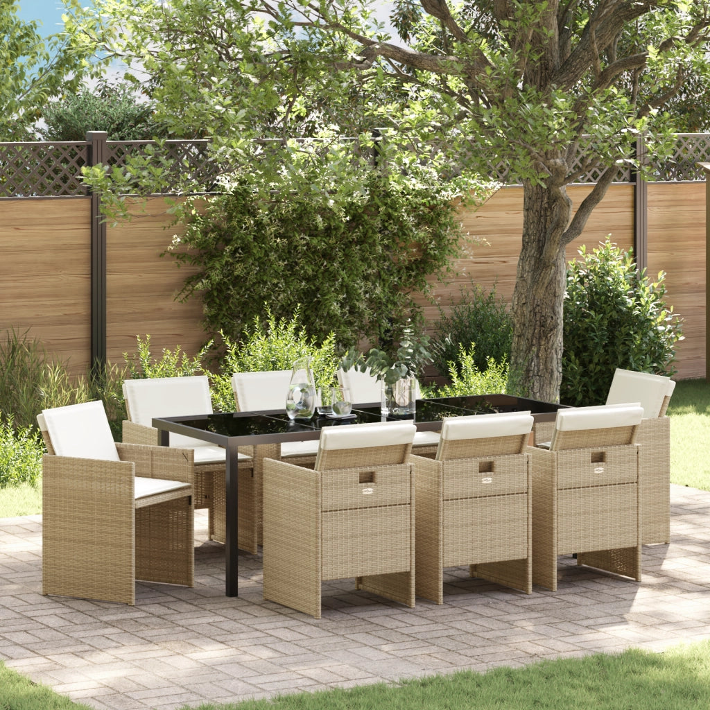 Set da Pranzo da Giardino 9 Pezzi con Cuscini Beige Rattan Poliestere